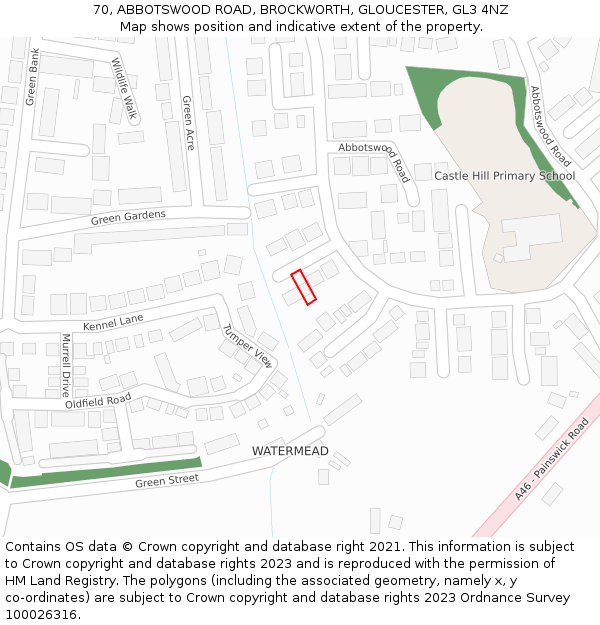 70, ABBOTSWOOD ROAD, BROCKWORTH, GLOUCESTER, GL3 4NZ: Location map and indicative extent of plot