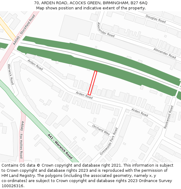 70, ARDEN ROAD, ACOCKS GREEN, BIRMINGHAM, B27 6AQ: Location map and indicative extent of plot
