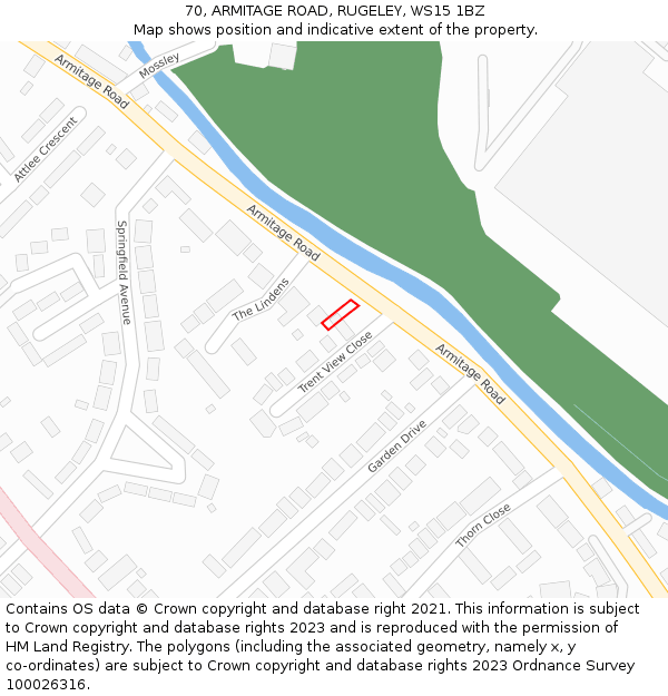 70, ARMITAGE ROAD, RUGELEY, WS15 1BZ: Location map and indicative extent of plot
