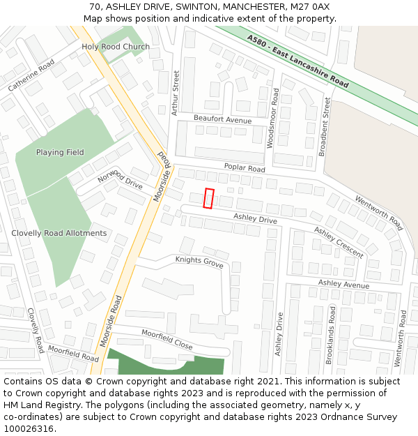 70, ASHLEY DRIVE, SWINTON, MANCHESTER, M27 0AX: Location map and indicative extent of plot