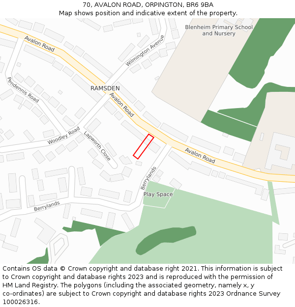 70, AVALON ROAD, ORPINGTON, BR6 9BA: Location map and indicative extent of plot