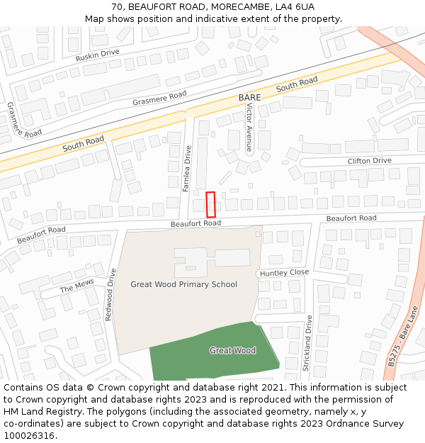 70, BEAUFORT ROAD, MORECAMBE, LA4 6UA: Location map and indicative extent of plot