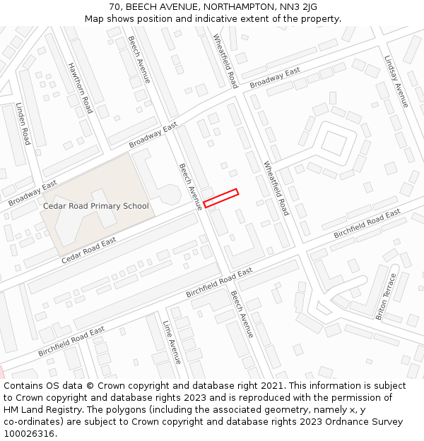 70, BEECH AVENUE, NORTHAMPTON, NN3 2JG: Location map and indicative extent of plot