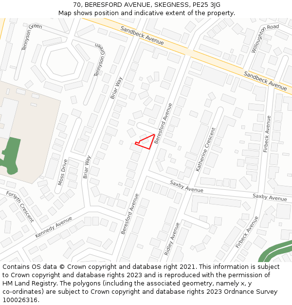 70, BERESFORD AVENUE, SKEGNESS, PE25 3JG: Location map and indicative extent of plot