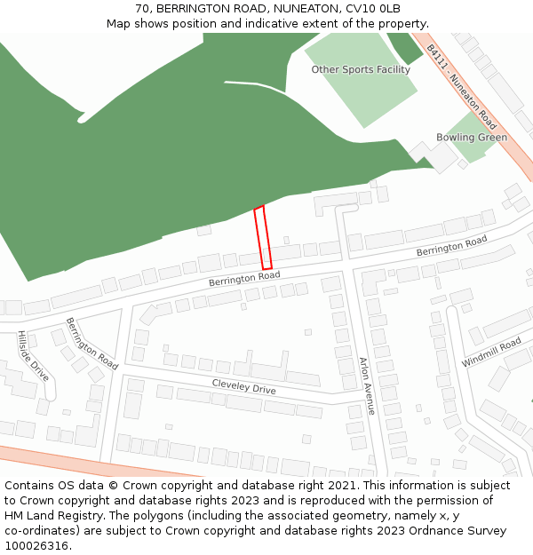 70, BERRINGTON ROAD, NUNEATON, CV10 0LB: Location map and indicative extent of plot