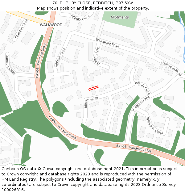 70, BILBURY CLOSE, REDDITCH, B97 5XW: Location map and indicative extent of plot