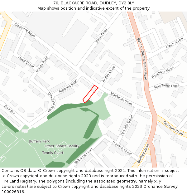70, BLACKACRE ROAD, DUDLEY, DY2 8LY: Location map and indicative extent of plot