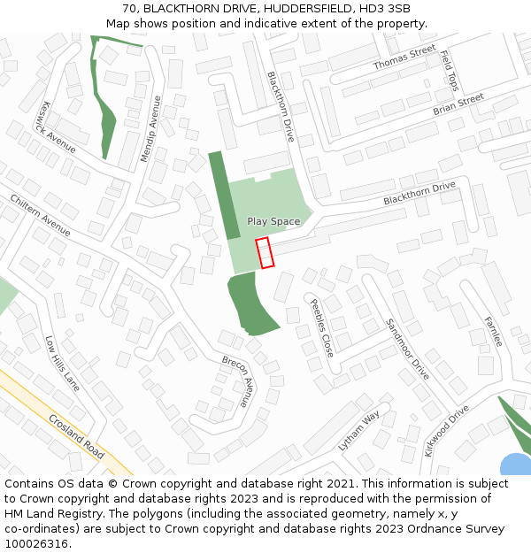 70, BLACKTHORN DRIVE, HUDDERSFIELD, HD3 3SB: Location map and indicative extent of plot