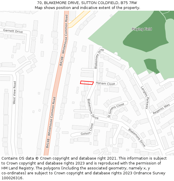 70, BLAKEMORE DRIVE, SUTTON COLDFIELD, B75 7RW: Location map and indicative extent of plot