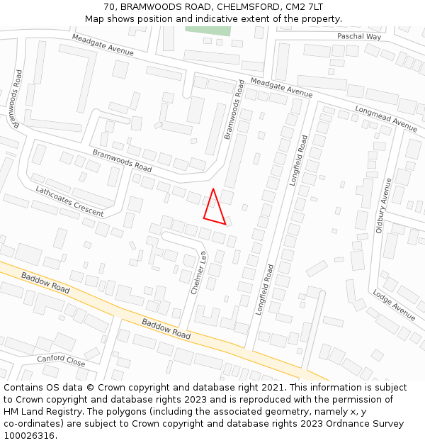 70, BRAMWOODS ROAD, CHELMSFORD, CM2 7LT: Location map and indicative extent of plot