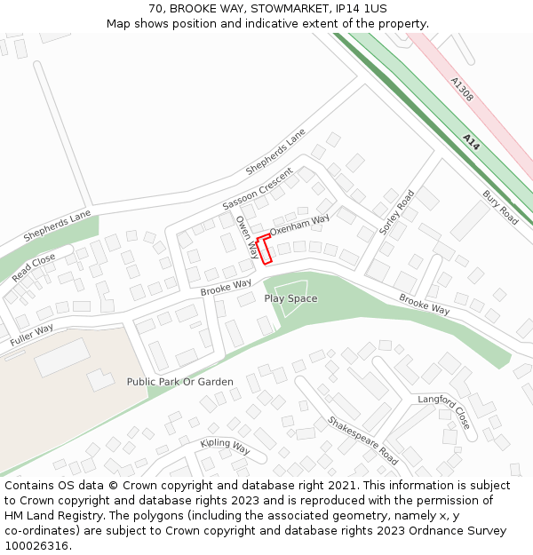 70, BROOKE WAY, STOWMARKET, IP14 1US: Location map and indicative extent of plot