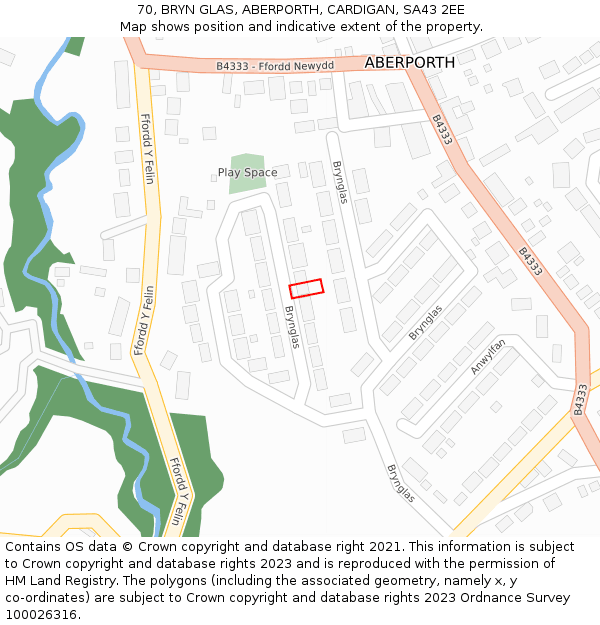 70, BRYN GLAS, ABERPORTH, CARDIGAN, SA43 2EE: Location map and indicative extent of plot