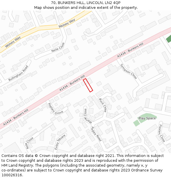 70, BUNKERS HILL, LINCOLN, LN2 4QP: Location map and indicative extent of plot