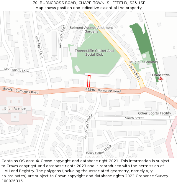 70, BURNCROSS ROAD, CHAPELTOWN, SHEFFIELD, S35 1SF: Location map and indicative extent of plot
