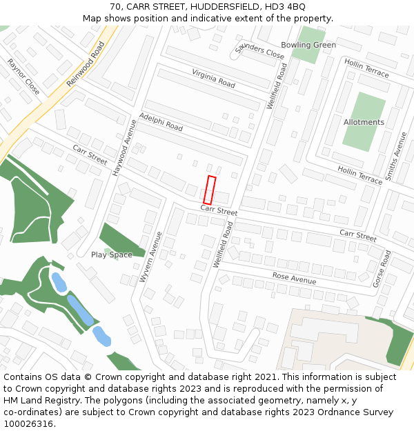 70, CARR STREET, HUDDERSFIELD, HD3 4BQ: Location map and indicative extent of plot