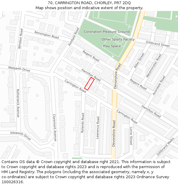 70, CARRINGTON ROAD, CHORLEY, PR7 2DQ: Location map and indicative extent of plot