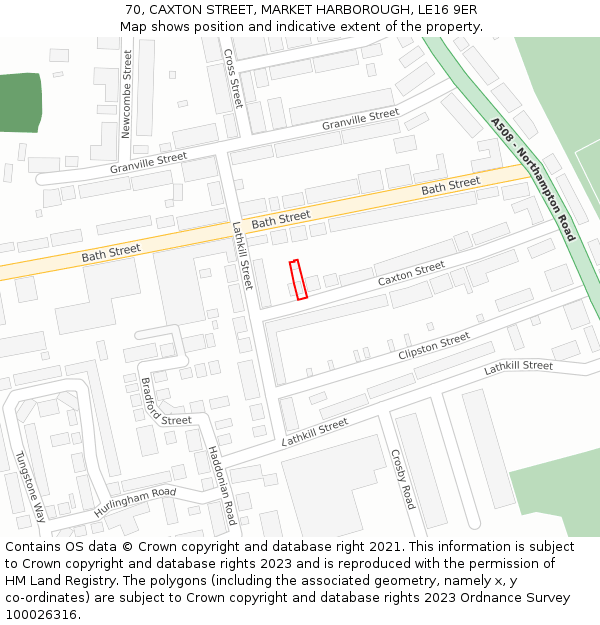 70, CAXTON STREET, MARKET HARBOROUGH, LE16 9ER: Location map and indicative extent of plot