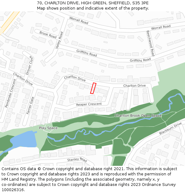 70, CHARLTON DRIVE, HIGH GREEN, SHEFFIELD, S35 3PE: Location map and indicative extent of plot