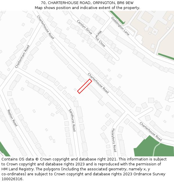 70, CHARTERHOUSE ROAD, ORPINGTON, BR6 9EW: Location map and indicative extent of plot