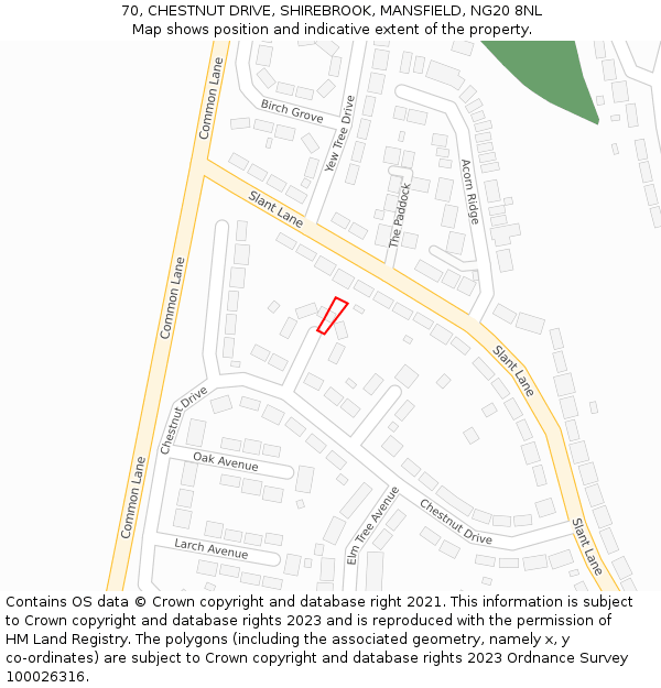 70, CHESTNUT DRIVE, SHIREBROOK, MANSFIELD, NG20 8NL: Location map and indicative extent of plot
