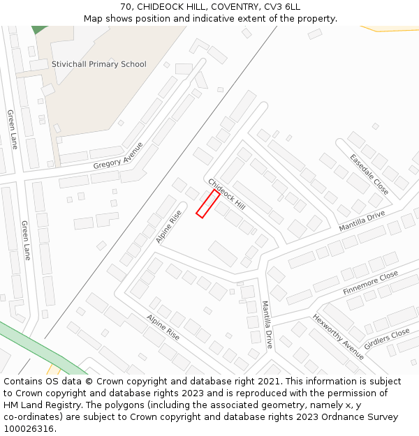 70, CHIDEOCK HILL, COVENTRY, CV3 6LL: Location map and indicative extent of plot