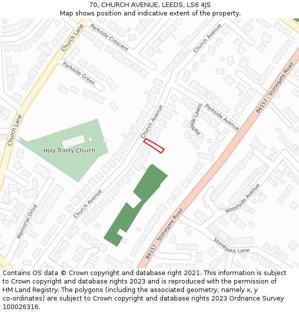 70, CHURCH AVENUE, LEEDS, LS6 4JS: Location map and indicative extent of plot