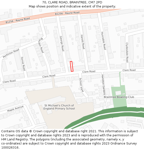 70, CLARE ROAD, BRAINTREE, CM7 2PD: Location map and indicative extent of plot