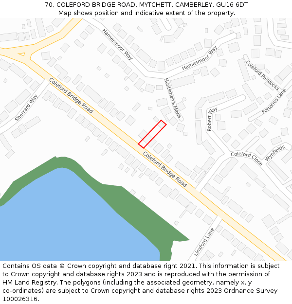 70, COLEFORD BRIDGE ROAD, MYTCHETT, CAMBERLEY, GU16 6DT: Location map and indicative extent of plot