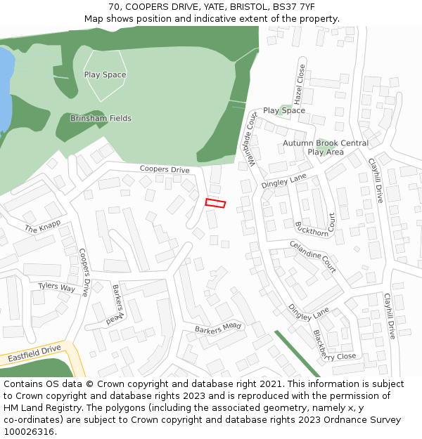 70, COOPERS DRIVE, YATE, BRISTOL, BS37 7YF: Location map and indicative extent of plot