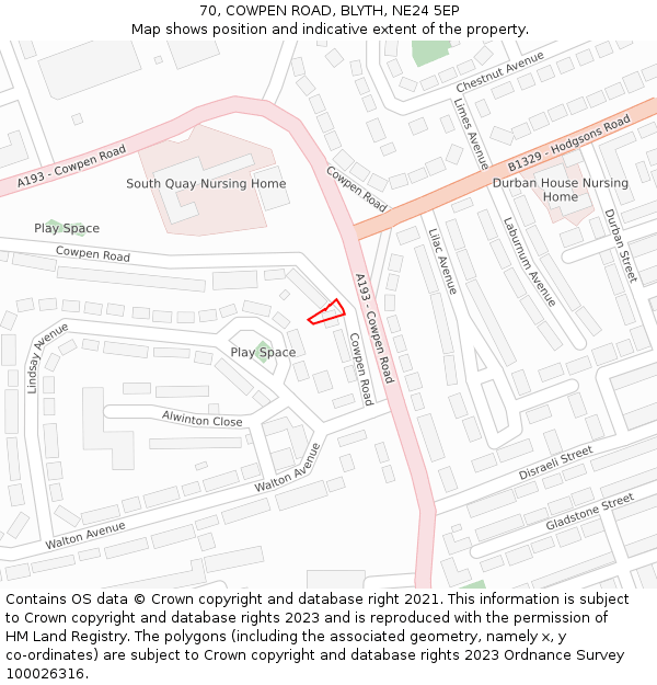 70, COWPEN ROAD, BLYTH, NE24 5EP: Location map and indicative extent of plot