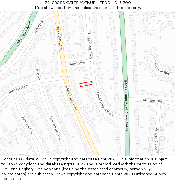 70, CROSS GATES AVENUE, LEEDS, LS15 7QQ: Location map and indicative extent of plot