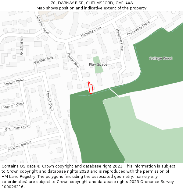 70, DARNAY RISE, CHELMSFORD, CM1 4XA: Location map and indicative extent of plot
