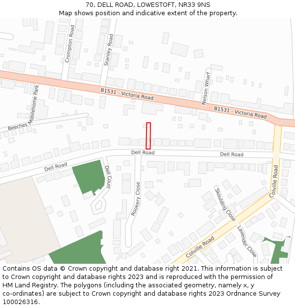 70, DELL ROAD, LOWESTOFT, NR33 9NS: Location map and indicative extent of plot