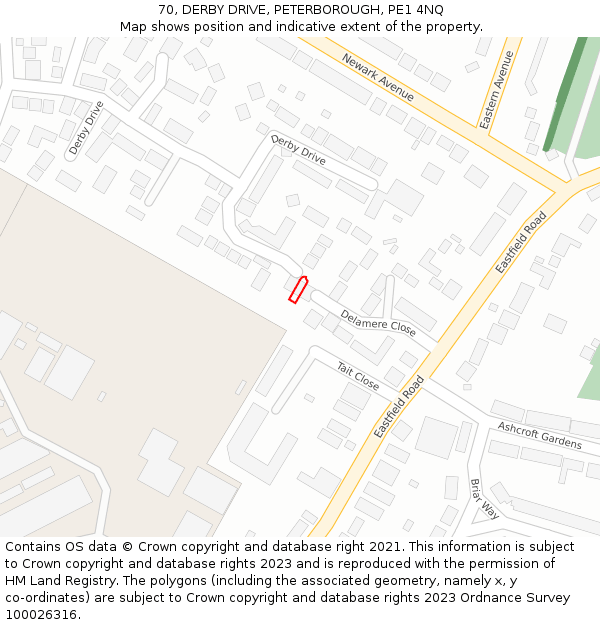 70, DERBY DRIVE, PETERBOROUGH, PE1 4NQ: Location map and indicative extent of plot