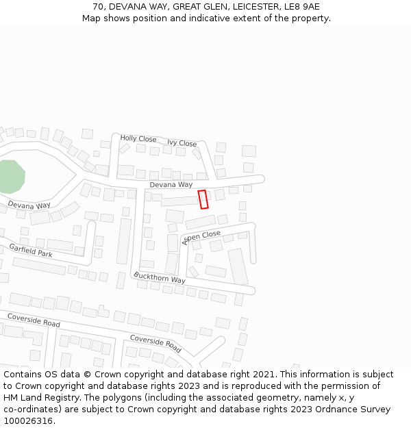 70, DEVANA WAY, GREAT GLEN, LEICESTER, LE8 9AE: Location map and indicative extent of plot