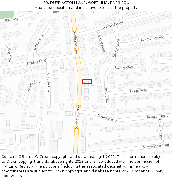 70, DURRINGTON LANE, WORTHING, BN13 2QU: Location map and indicative extent of plot