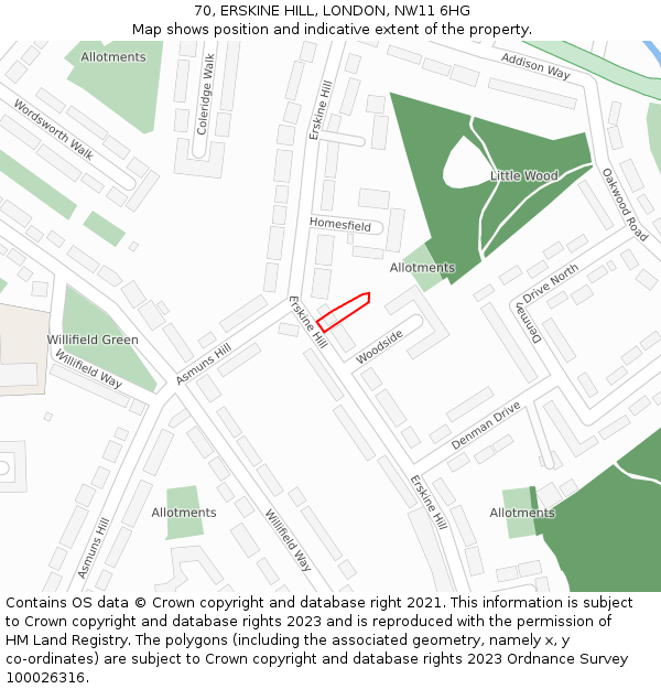 70, ERSKINE HILL, LONDON, NW11 6HG: Location map and indicative extent of plot