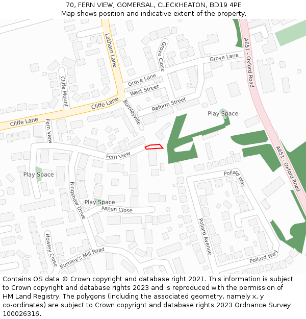 70, FERN VIEW, GOMERSAL, CLECKHEATON, BD19 4PE: Location map and indicative extent of plot