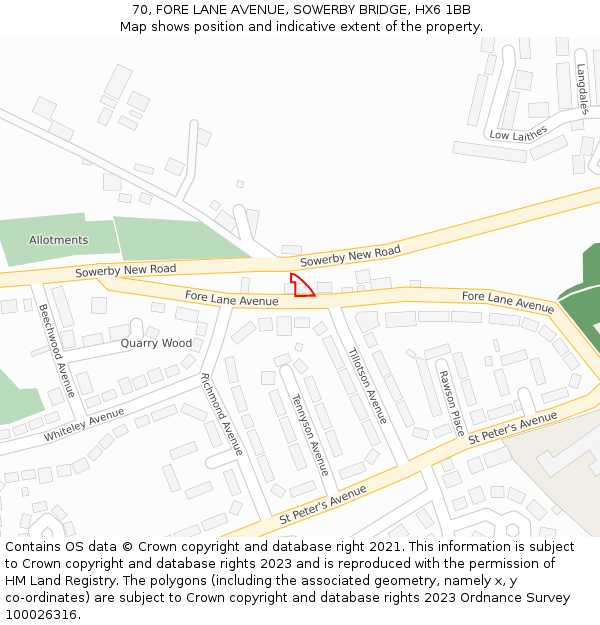 70, FORE LANE AVENUE, SOWERBY BRIDGE, HX6 1BB: Location map and indicative extent of plot