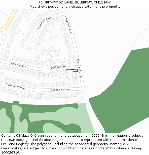 70, FRITHWOOD LANE, BILLERICAY, CM12 9PW: Location map and indicative extent of plot