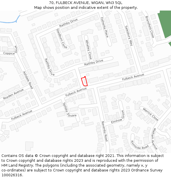 70, FULBECK AVENUE, WIGAN, WN3 5QL: Location map and indicative extent of plot