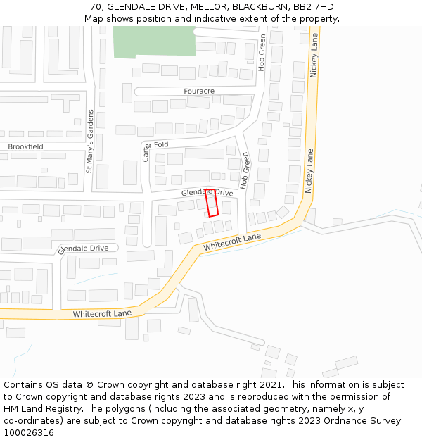 70, GLENDALE DRIVE, MELLOR, BLACKBURN, BB2 7HD: Location map and indicative extent of plot