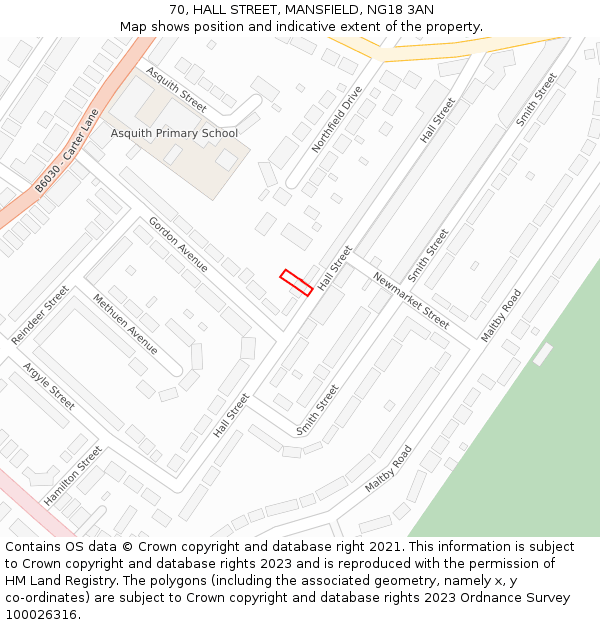 70, HALL STREET, MANSFIELD, NG18 3AN: Location map and indicative extent of plot