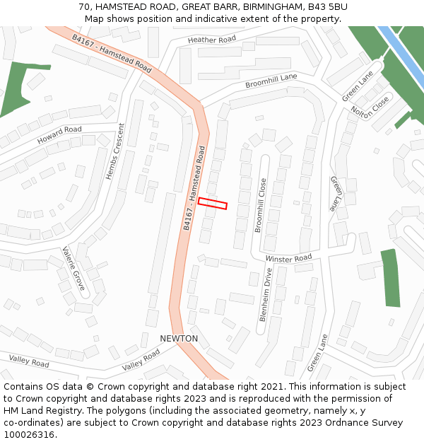 70, HAMSTEAD ROAD, GREAT BARR, BIRMINGHAM, B43 5BU: Location map and indicative extent of plot