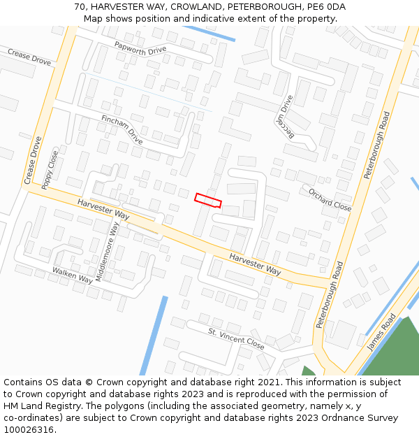 70, HARVESTER WAY, CROWLAND, PETERBOROUGH, PE6 0DA: Location map and indicative extent of plot