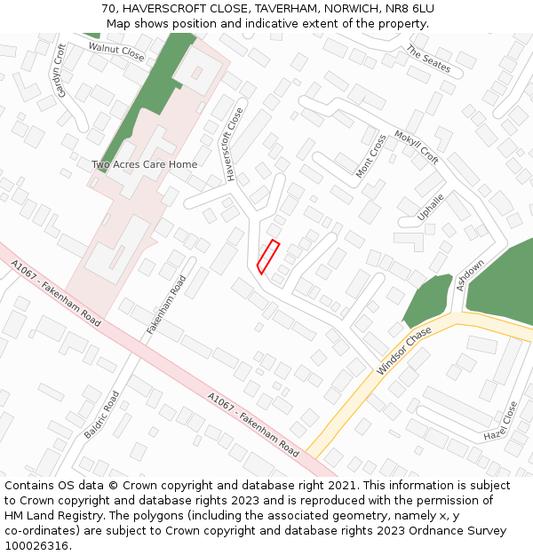 70, HAVERSCROFT CLOSE, TAVERHAM, NORWICH, NR8 6LU: Location map and indicative extent of plot