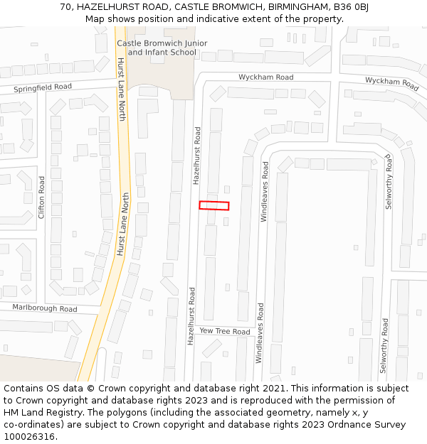 70, HAZELHURST ROAD, CASTLE BROMWICH, BIRMINGHAM, B36 0BJ: Location map and indicative extent of plot