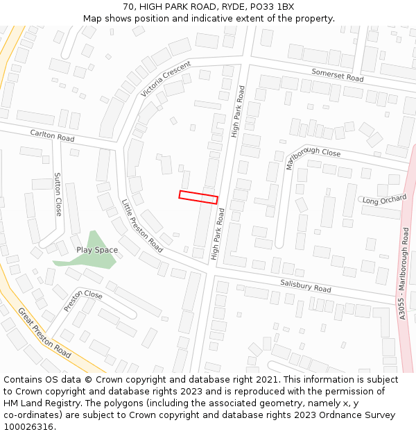 70, HIGH PARK ROAD, RYDE, PO33 1BX: Location map and indicative extent of plot