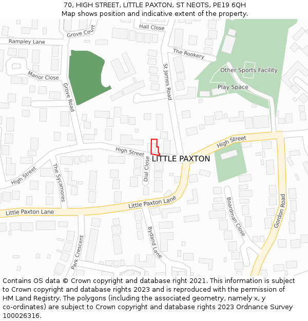 70, HIGH STREET, LITTLE PAXTON, ST NEOTS, PE19 6QH: Location map and indicative extent of plot