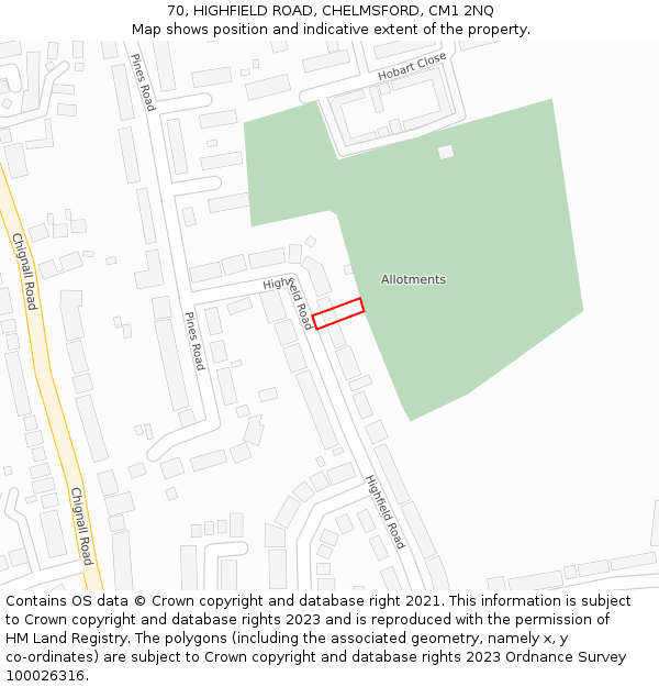 70, HIGHFIELD ROAD, CHELMSFORD, CM1 2NQ: Location map and indicative extent of plot
